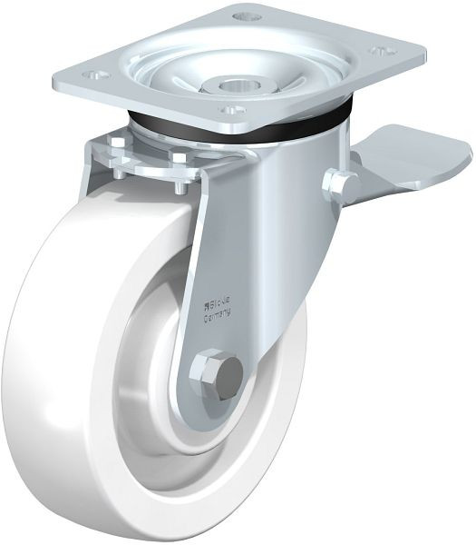 Blickle LK-SPO 160K-ST Stahlblech-Lenkrolle, schwere Ausführung, mit Anschraubplatte & Feststeller, Polyamid, Weiß, 852857