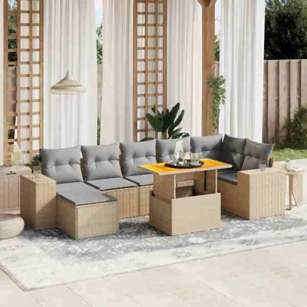 vidaXL 8-tlg. Garten-Sofagarnitur mit Kissen Beige Poly Rattan, UV-beständig, 3275936