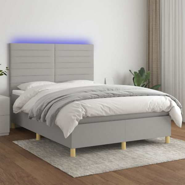 vidaXL Boxspringbett mit Matratze & LED Hellgrau 140x190 cm Stoff, 3135509