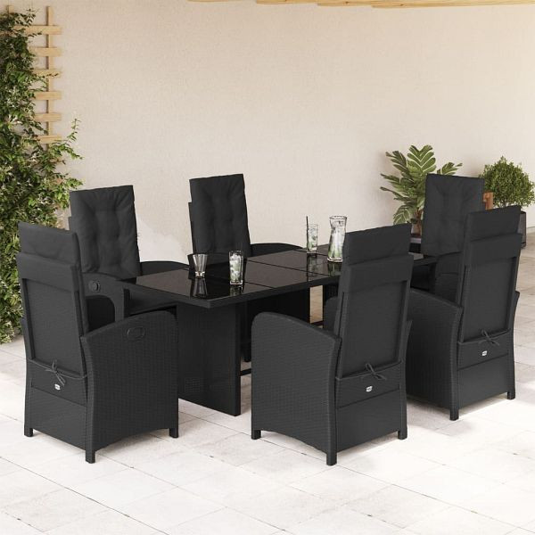 vidaXL 7-tlg. Garten-Essgruppe mit Kissen Schwarz Poly Rattan, 3212251
