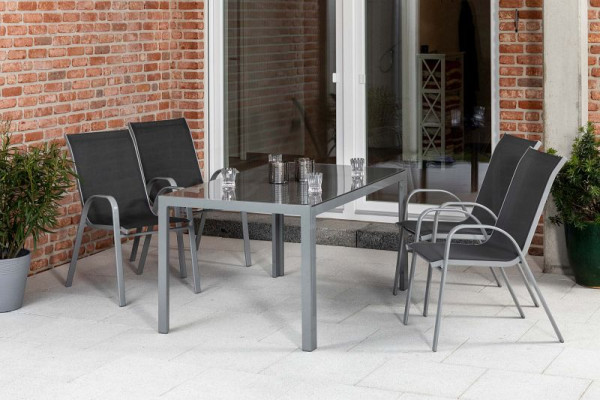 Merxx Sorrento Set 5-teilig, 4 Stapelsessel, 1 Tisch 150 x 90 cm, moderne Optik, graue Glasplatte, Silber/anthrazit, 50279-307