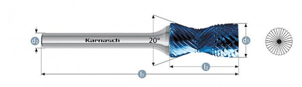 Karnasch Hartmetall-Frässtift Blue-Tec beschichtet d1= 12,0 / l2= 25 / d2= 6 / l1= 70mm Combi+Curve, 116020100