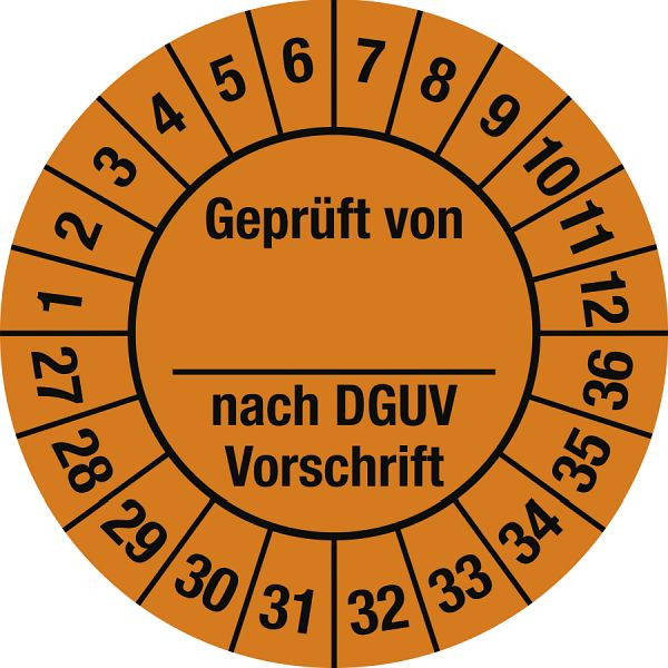 Moedel Prüfplakette Geprüft...DGUV Vorschrift, 2027-2036, Folie, Ø 30 mm, VE: 10 Stück/Bogen, 108304