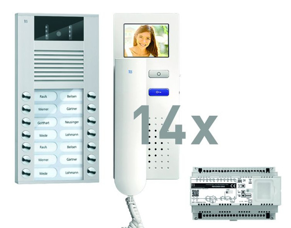 TCS Türkontrollsystem video:pack AP für 14 Wohneinheiten, mit Außenstation AVE 14 Klingeltasten, 14x Video Türtelefon IVH3222, Steuerung, PVE15140-0010