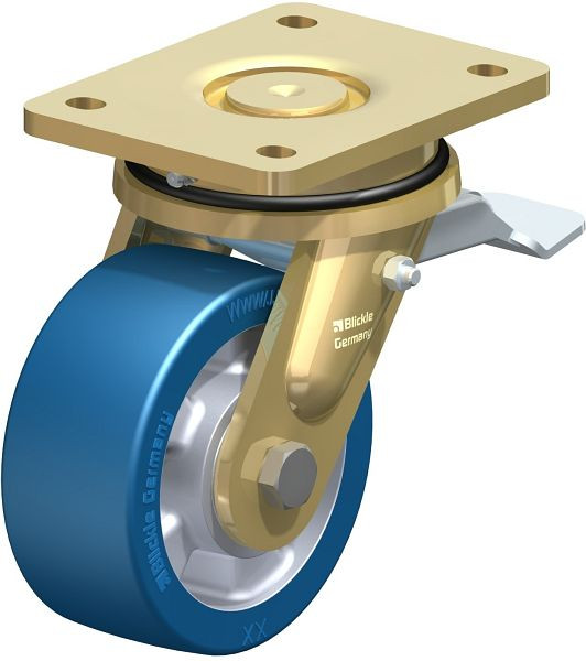 Blickle LS-ALBS 127K-ST Stahlgeschweißte Schwerlast-Lenkrolle, schwere Drehkranz-Ausführung mit Feststeller, Blickle Besthane® Soft, Blau, 755011