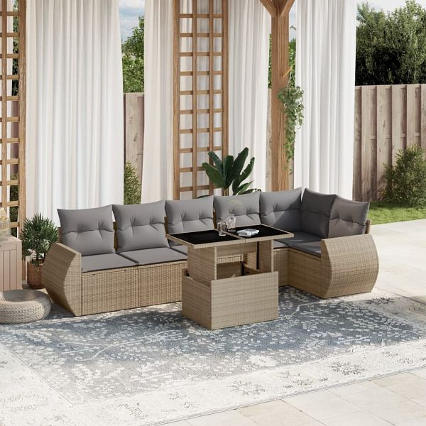 vidaXL 7-teilig Garten-Sofagarnitur mit Kissen Beige Poly Rattan, 3268549
