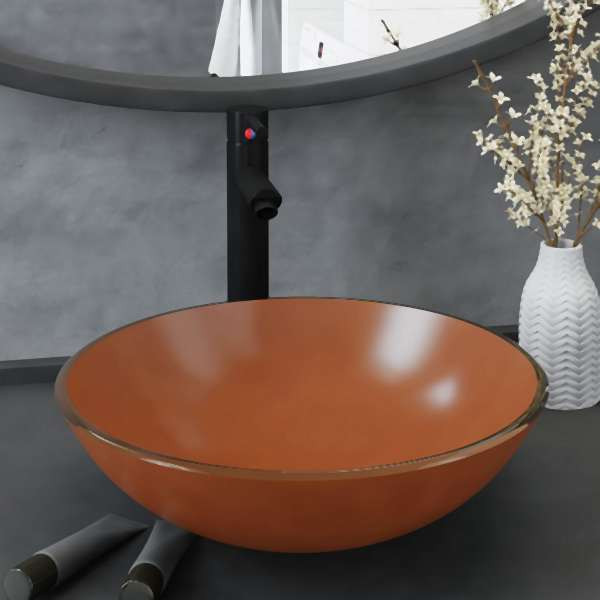 vidaXL Badezimmer Waschbecken mit Wasserhahn und Ablaufgarnitur Braun Gehärtetes Glas, 3098455