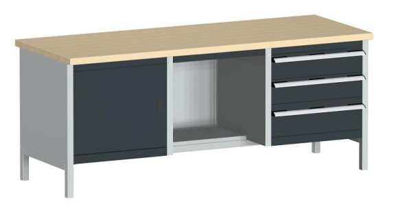 bott cubio Kastenwerkbank mit 3 Schubladen Türe, 2 Ablagen, Multiplex-Arbeitsplatte BxTxH: 2000 x 750 x 840 mm, RAL 7035/7016, 41002070.19V