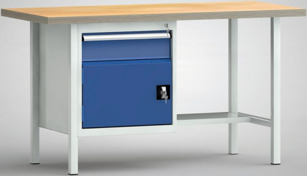 KLW Standard-Werkbank, 1500 x 700 x 840 mm, mit Buchen-Multiplexplatte, links: 150EA/Türe 350 mm, rechts: Stahlblechablage, WS118N-1500M40-E1681