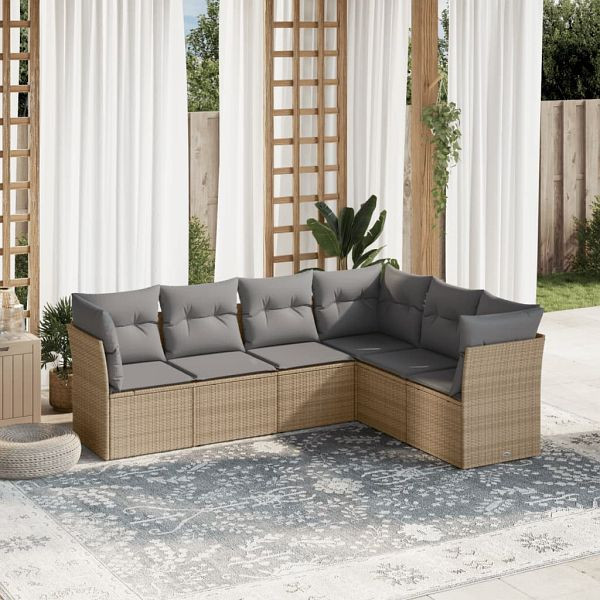 vidaXL 6-tlg. Garten-Sofagarnitur mit Kissen Beige Poly Rattan, 3249518