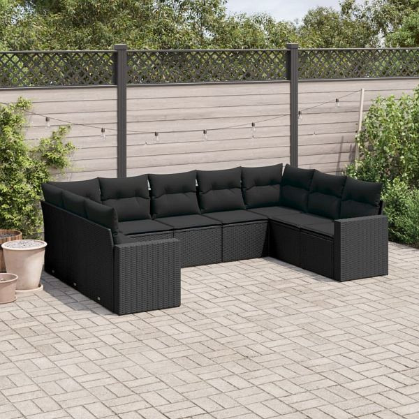 vidaXL 9-teilig Garten-Sofagarnitur mit Kissen Schwarz Poly Rattan, 3219385