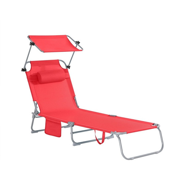 SoBuy Sonnenliege klappbar mit Sonnendach & Kopfkissen & Seitentasche 155x56x81cm, für Gartenmöbel Terrasse Camping Rot, OGS48-R