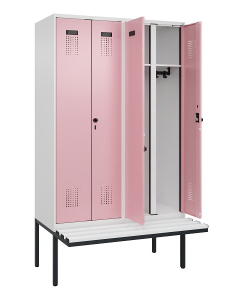 C+P Schwarz-Weiß-Spind Evolo PLUS, Bank, 4 Abteile, 2120x1200x815mm, 9016/3015, Drehriegel, Material Sitzfläche Kunststoff, 0490427-40 S10072