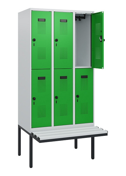 C+P Doppelstock-Spind Evolo PLUS, Bank, 6 Fächer, 1950x900x815mm, 7035/6037, Drehriegel, Sitzfläche Kunststoff, 0493405-30 S10102