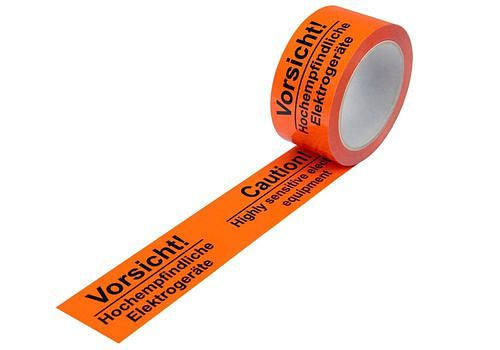 DENIOS Warn-Klebeband, PP, Aufdruck Hochempfindliche Elektrogeräte, in warn-orange, 50 mm breit x 66 m, VE: 12 Rollen, 299576