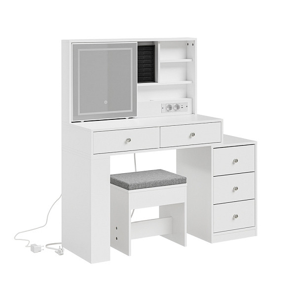 SoBuy Badmöbel-Set mit Spiegel in Weiß, mit LED-Spiegel und 5 Schubladen, Make-up-Tisch aus Melaminharz, 120×40×127 cm, Tragkraft 168 kg, FWT114-E-W