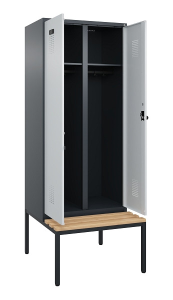 C+P Schwarz-Weiß-Spind Evolo PLUS, Bank, 2 Abteile, 2120x800x815mm, 7016/7035, Drehriegel, Sitzfläche Buche-Hartholz, Sitzbank, 0490527-22 S10017