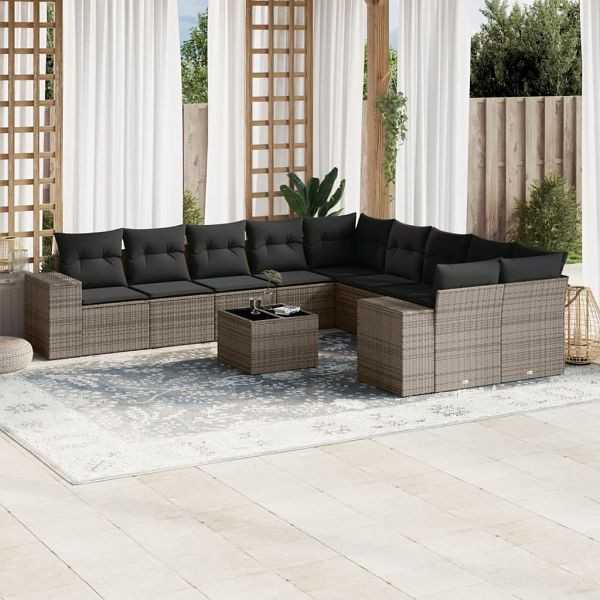 vidaXL 11-teilig Garten-Sofagarnitur mit Kissen Grau Poly Rattan, 3255457