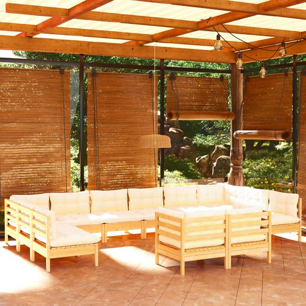 vidaXL 12-teilig Garten-Lounge-Set mit Creme Kissen Massivholz Kiefer, 3097271