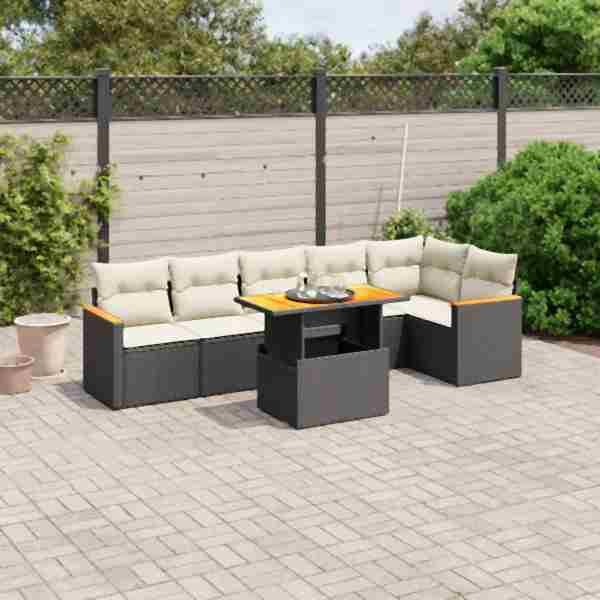 vidaXL 7-tlg. Garten-Sofagarnitur mit Kissen Schwarz Poly Rattan, UV-beständig, 3273086