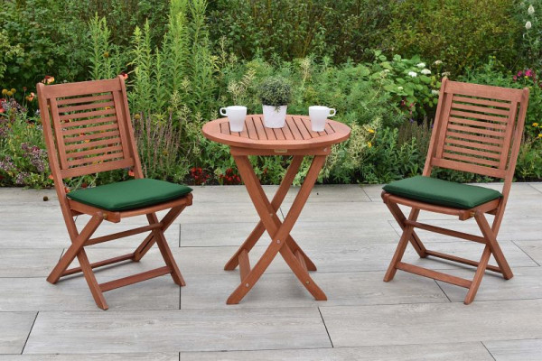 Merxx Cordoba Set 3-teilig, 2 Cordoba Klappstühle, 2 Sitzauflagen, grün, 1 Klapptisch, Ø 65 cm, FSC Eukalyptusholz, 50081-101