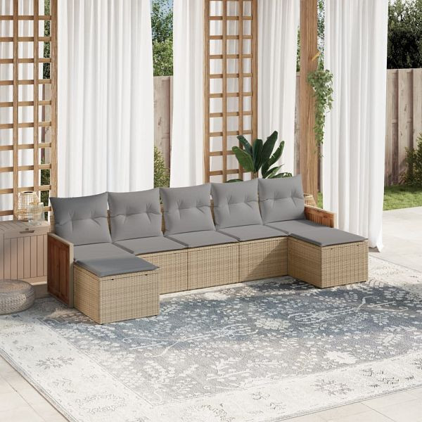 vidaXL 7-teilig Garten-Sofagarnitur mit Kissen Beige Poly Rattan, 3260316
