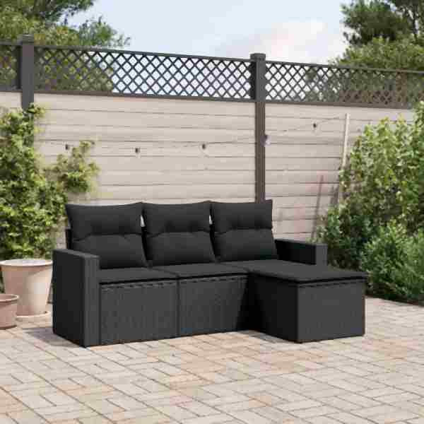 vidaXL 4-tlg. Garten-Sofagarnitur mit Kissen Schwarz Poly Rattan, UV-beständig, 3251202