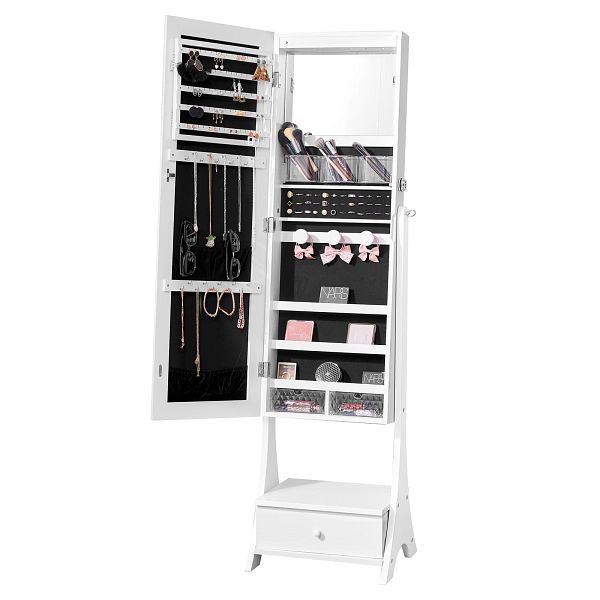 VEVOR Spiegel Schmuckschrank Standspiegel mit Stauraum, Ganzkörperspiegel Weiß, CGLSZBSNJ16639NC8V9