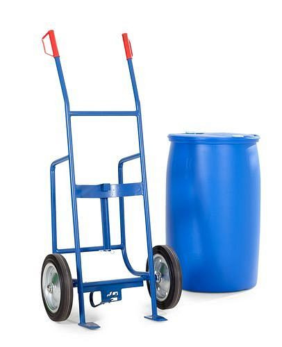 DENIOS Fasskarre FKH aus Stahl, blau lackiert, Vollgummi-Bereifung, für 200/220-Liter-Fässer, elektrisch leitfähig, 180861