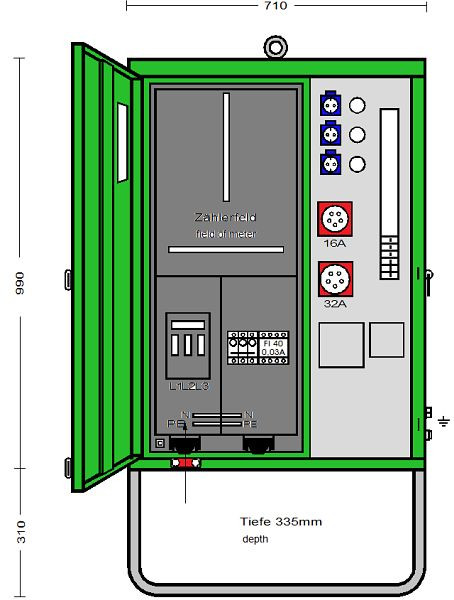 Elektra Tailfingen Anschlussverteilerschrank 22 kVA mit Zählerplatz, RCD Typ B, 2 CEE-Abgänge 16-32A und 3 Schutzkontakt-Steckdosen, AV 32N/A/311-1, 183238