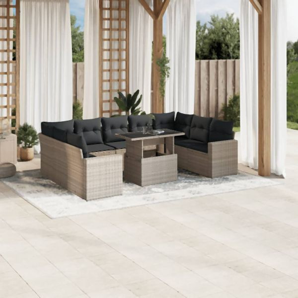 vidaXL 10-tlg. Garten-Sofagarnitur mit Kissen Hellgrau Poly Rattan, 3267482