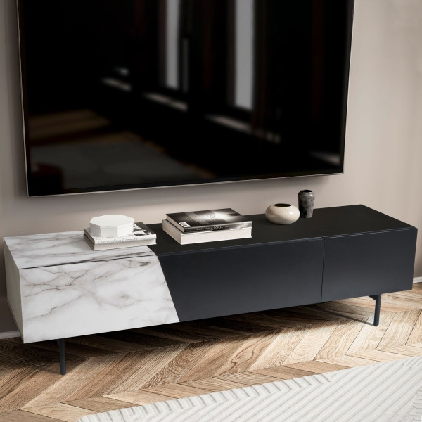Wohnling Lowboard Schwarz mit Marmor-Dekor in Weiß 150x40x40 cm TV-Kommode Modern, Design TV-Schrank Niedrig, Fernsehtisch mit Türen & Schublade, WL6.816