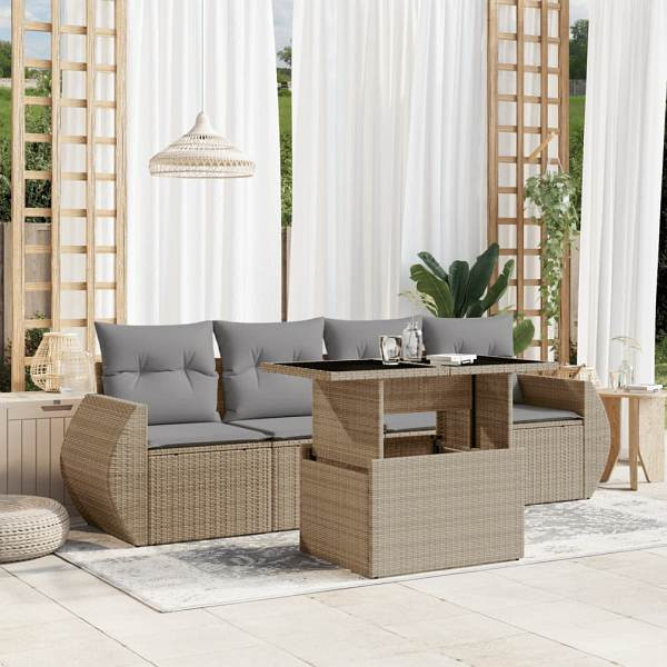 vidaXL 5-tlg. Garten-Sofagarnitur mit Kissen Beige Poly Rattan, UV-beständig, 3268359