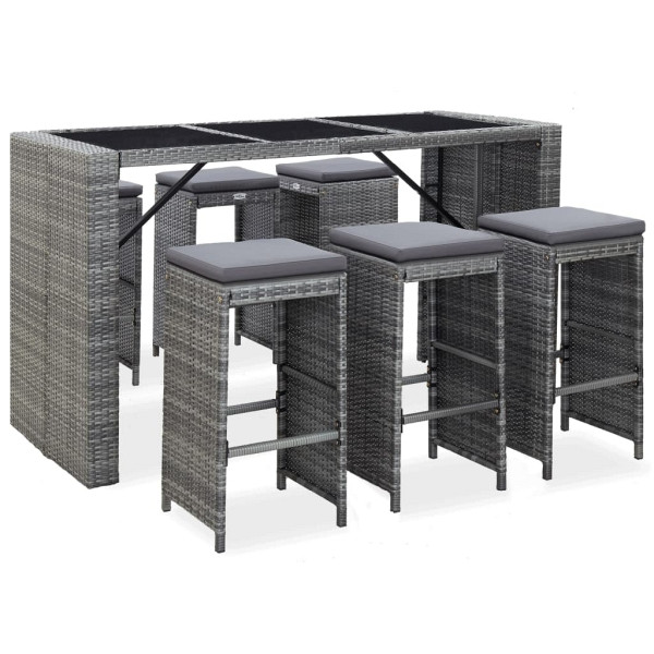vidaXL 7-tlg. Gartenbar-Set mit Auflagen Poly Rattan Grau, 49561