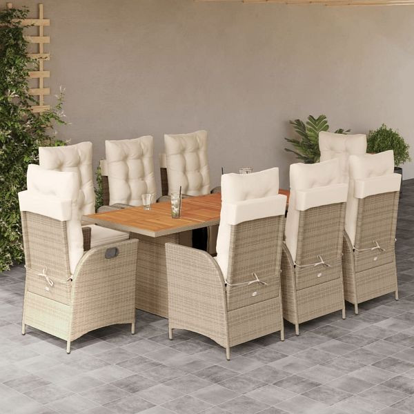 vidaXL 9-teilig Garten-Essgruppe mit Kissen Beige Poly Rattan, 3213373