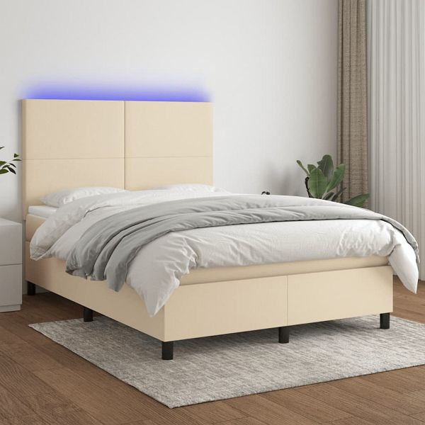 vidaXL Boxspringbett mit Matratze & LED Creme 140x190 cm Stoff, 3134714