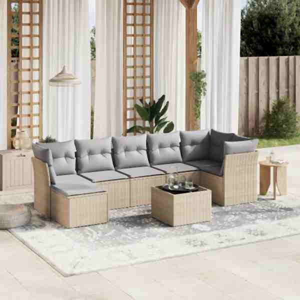 vidaXL 8-tlg. Garten-Sofagarnitur mit Kissen Beige Poly Rattan, UV-beständig, 3263205