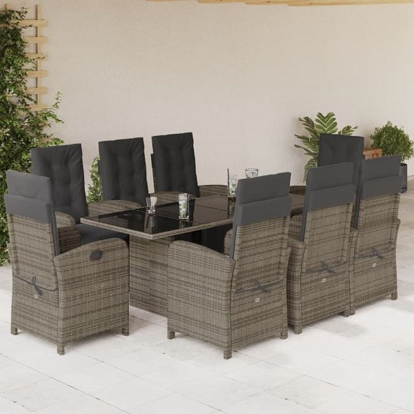 vidaXL 9-teilig Garten-Essgruppe mit Kissen Grau Poly Rattan, 3212493