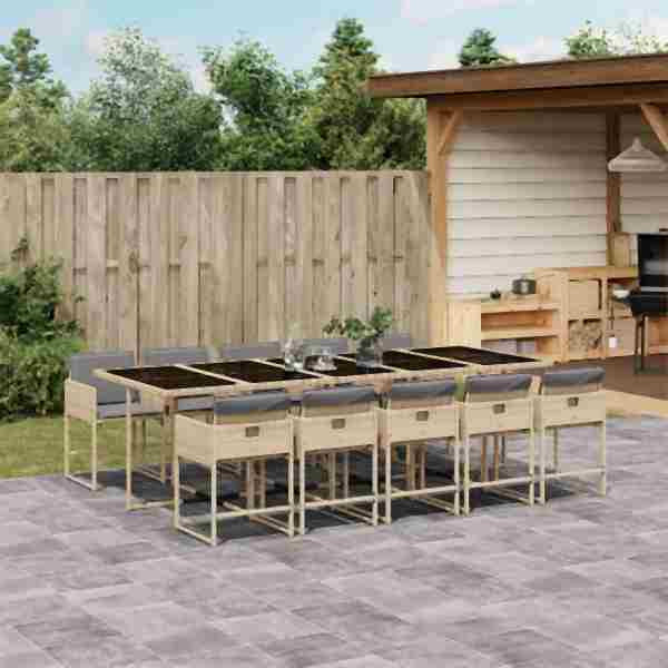 vidaXL 11-tlg. Garten-Essgruppe mit Kissen Beigemischung Poly Rattan, UV-beständig, 3211296