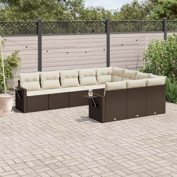 vidaXL 10-tlg. Garten-Sofagarnitur mit Kissen Braun Poly Rattan, UV-beständig, 3220692