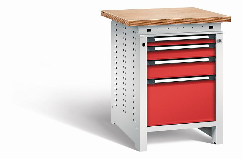 Otto Kind Werkbank Serie function Typ 108, Multiplexplatte, überstehend, 4 Schubladen, mit Zentralverschluss, Gehäuse RAL 7035, Front RAL 3000, 072325234