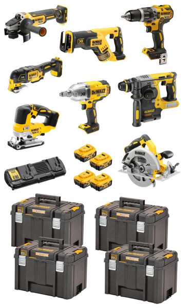 DeWalt 18 Volt / 5 Ah Akku-Schlagbohrschrauber-Set (DCD 796, DCF 899 HN, DCH 273, DCG 405, DCS 367, DCS 355, DCS 570, DCS 334, 4x DCB 184), DCK865P4T-QW