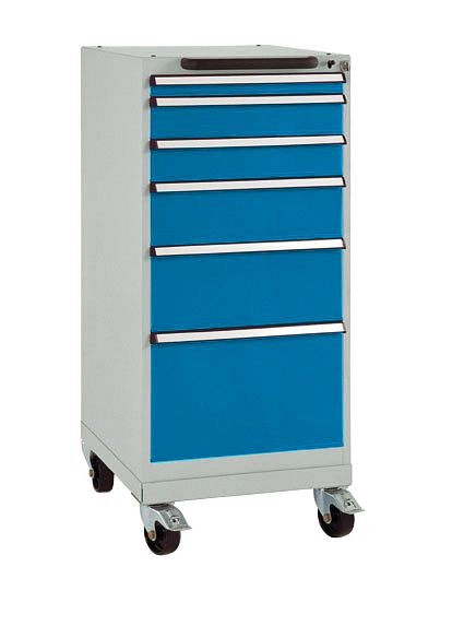 Manuflex Schubfachschrank BASETEC mobil, Nutzhöhe 900 mm mit 6 Schubfächern, in lichtgrau RAL 7035/brillantblau RAL 5007, SP1035.0002