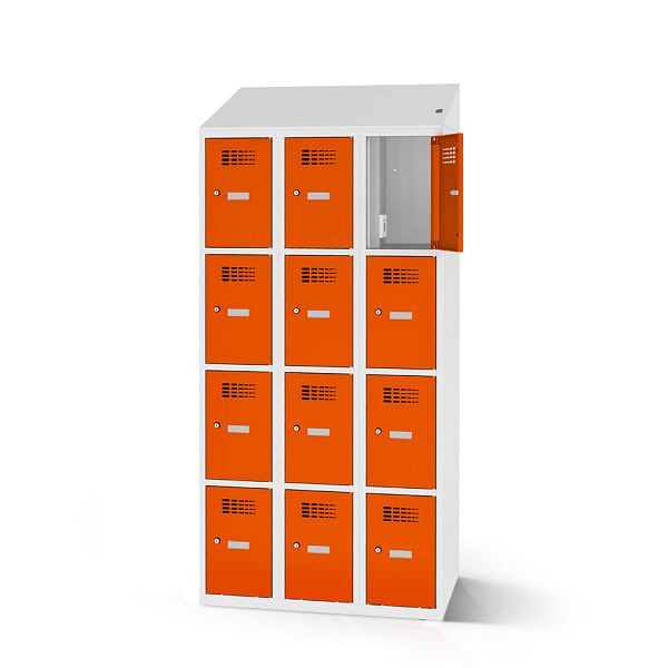Rotstahl Fächerschrank, 12 Fächer, Stollenfüße, mit Ladefunktion, Schrägdach, Korpus: lichtgrau, Türen: reinorange, 2180-030400-1202112-7035-2004