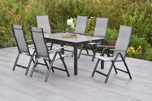 Merxx Carrara Set 7-teilig, 6 Klappsessel, Rückenlehne verstellbar, 1 Tisch 150 x 90 cm, graphit/diamant, 50864-330