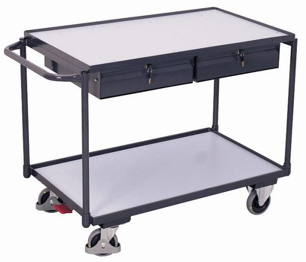 VARIOfit ESD Tischwagen mit 2 Ladeflächen und 2 Schubladen, Außenmaße: 1.175 x 625 x 850 mm (BxTxH), sw-600.939