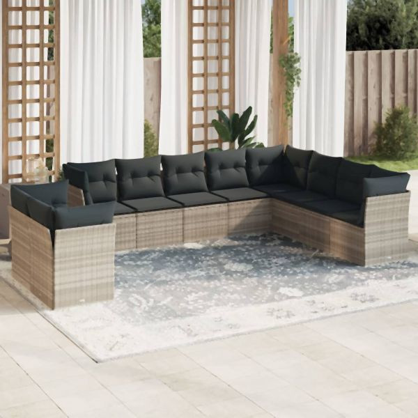 vidaXL 10-tlg. Garten-Sofagarnitur mit Kissen Hellgrau Poly Rattan, 3217862