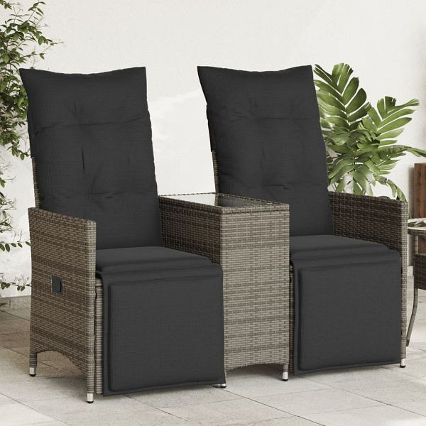 vidaXL Gartensofa 2-Sitzer Verstellbar mit Tisch Grau Poly Rattan, 365717