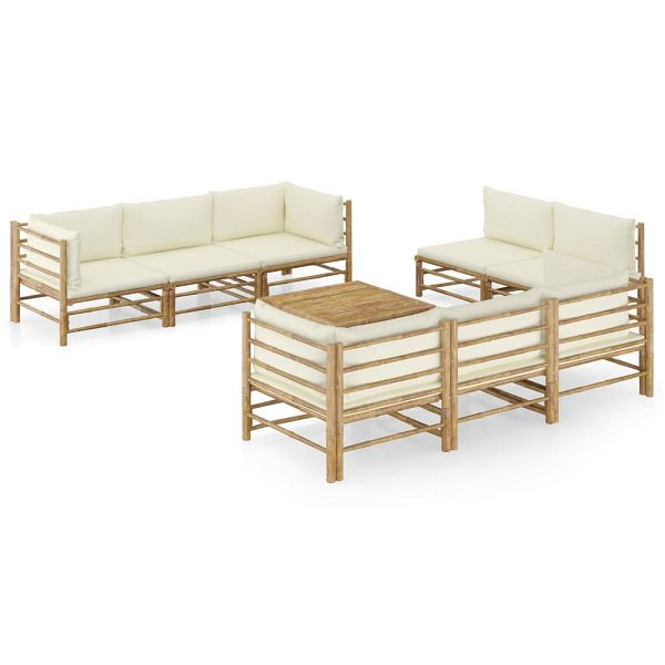 vidaXL 9-teilig Garten-Lounge-Set mit Cremeweißen Kissen Bambus, 3058211