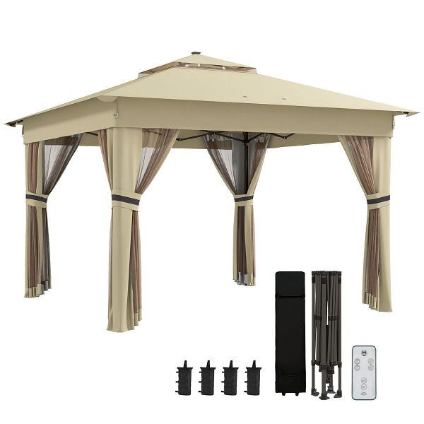 Outsunny Gartenzelt mit solarbetriebenen LED´s Gartenzelt mit Beleuchtung, 336 cm x 336 cmx 270 cm, Braun, 84C-483V00BN